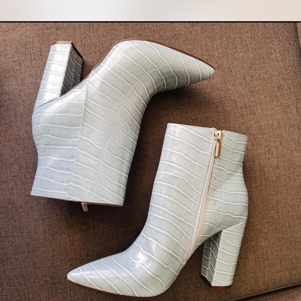 JustFab Croc-Embossed Pointed Toe Ankle Boots in Light Blue